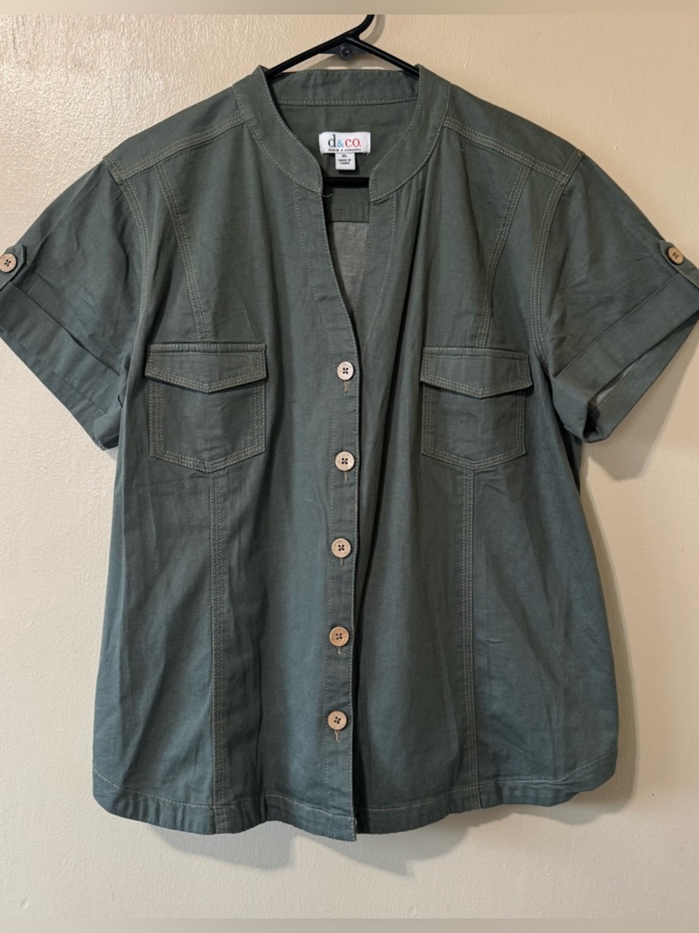 Denim&Co Olive Green Short Sleeve Button-Front Shirt